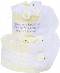Podziękowania dla rodziców - tort z 2 kąpielowych ręczników z dedykacją