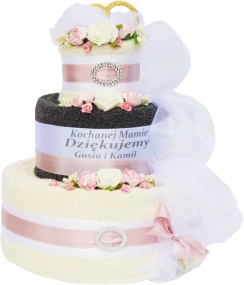 Podziękowania na ślub dla rodziców - tort z ręczników + dedykacja na wstążce