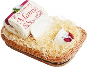 Podziękowania dla Mamy, Taty - ręcznik, porcelanowa filiżanka, podstawek, kosz wiklinowy