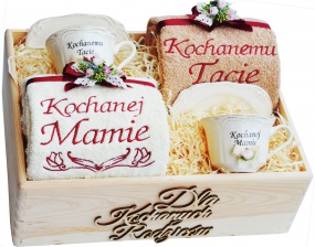 Duże podziękowanie ślubne dla rodziców - piękny zestaw ręczników i porcelany